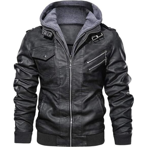 Black Faux Leather Motorcycle Bomber Jacket Zip Up Hoodie Removable Hood - Picture 1 of 6